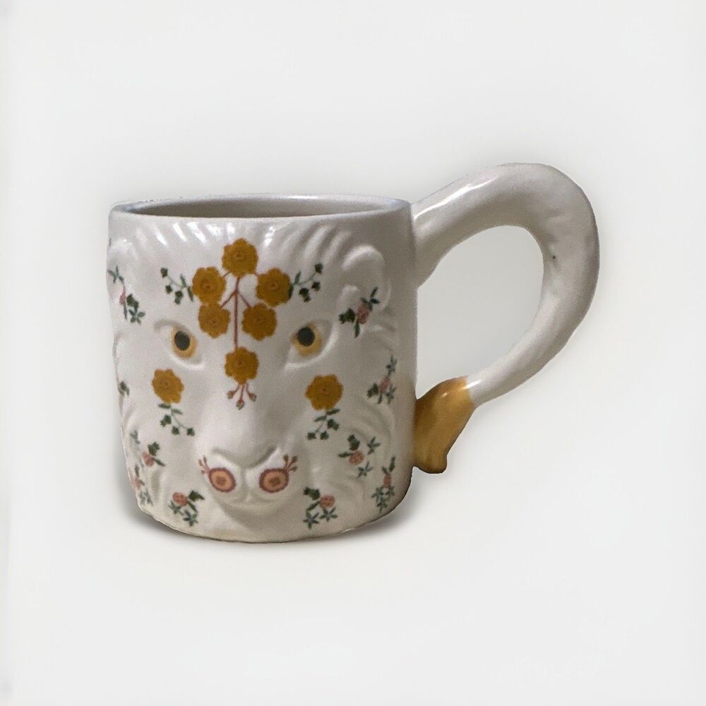 Anthropologie Marisol Lion Floral Mug Sculpted White Ceramic NWOT